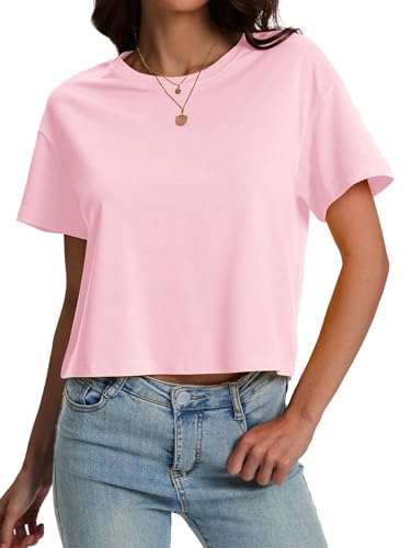 Image of SMENG Women's Workout Crop Tops UPF50+ Cotton Soft Breathable Tshirt Loose Short Sleeve Yoga Athletic Shirt