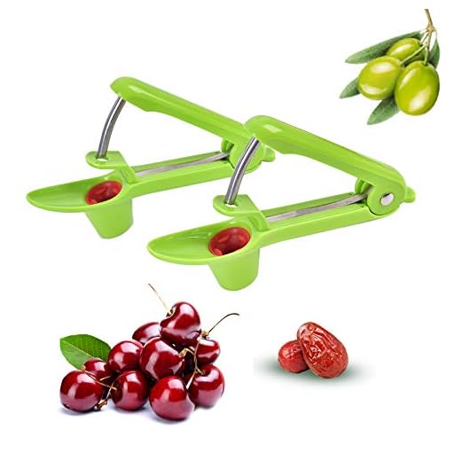 Qukpa 2 PCS Red Dates Pitter Cherry Pitting Tool Pit Remover Olive Pitter Easy Safe Kitchen Tool with Lock Design, 2 Green