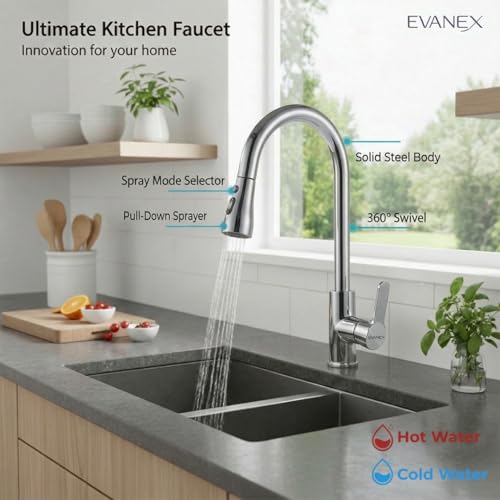 Image of EVANEX Kitchen Facuet | 304 Grade Stainless Steel Pull Down Kitchen Faucet | 360 Degree Rotating Tap for Sink | Water Saving Aerated Flow | Deck Mounted Kitchen Sink Faucet
