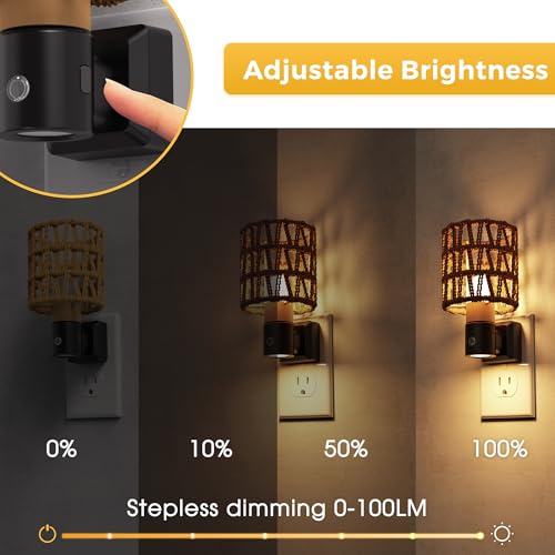Image of L LOHAS LED Night Lights Plug into Wall, Cylindrical Ironwork Boho Lampshade Decor Night Light, 350 Rotatable Dusk to Dawn Sensor Vintage Nightlight, Dimmable for Bedroom Living Room Hallway