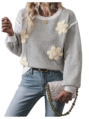 Floerns Women's 3D Floral Long Sleeve Knitted Pullover Top Loose Fit Crew Neck Sweater