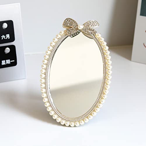 Decorative Tabletop Oval Mirror Vintage Wall Mount Mirror Metal Desktop Mirror With Stand Pearl Floral Frame Makeup Mirror Retro Cosmetic Mirror Countertop Dressing Mirror For Home Decor-Large #TOP3