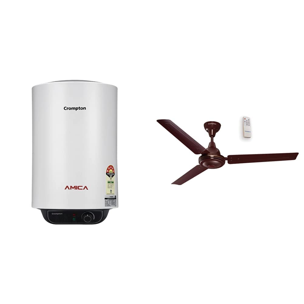 Crompton Amica 15-L 5 Star Rated Storage Water Heater with Free Installation and Connection Pipes (White) & Energion E-Save 1200 mm (48 inch) Energy Efficient Designer BLDC Ceiling Fan (Brown)