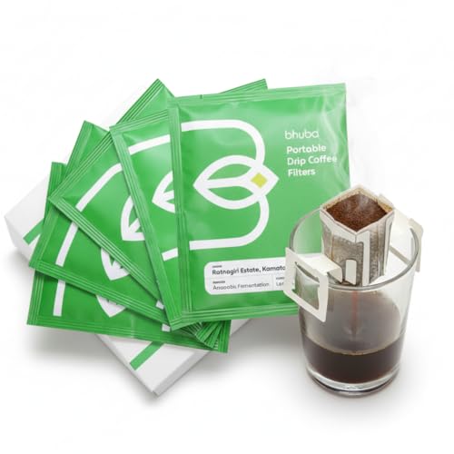 Image of bhuba Premium Portable Pour Over Drip Coffee Filters 120g | 100% Arabica Speciality Coffee Beans | Medium Roast | Tasting Notes - Lemon, Cherry and Chocolate (Pack of 10, 12g Each)