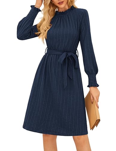 GRACE KARIN Fall Dresses for Women 2025 Casual Long Sleeve Crew Neck Ribbed Belted Dresses with Pocket