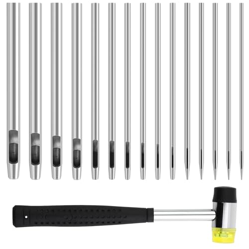 NINGYER 15 Pièces Emporte Piece Cuir, Emporte Pièce à Frapper Avec 1 Marteau en Caoutchouc, Poinçon Creux Fonctionne sur Cuir, Sangles, Tissu (15 Tailles)