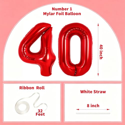 Image of Number Balloons Red Party Balloon - 40 Inch Large Number 40 Balloon, Numbers Balloon Birthday Decorations, Red Party Supplies for Anniversary