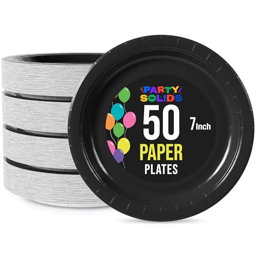 Party Solids Exquisite Black Paper Plates Disposable Heavy Duty 7 Inch Black Disposable Plates For Party 50 Pcs Heavy Duty 350 GSM Birthday Party Supplies