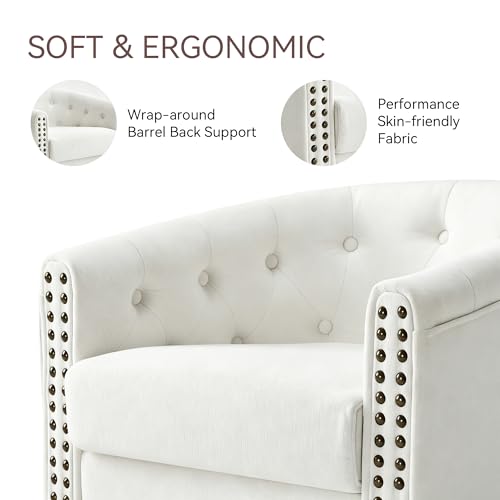 Image of Swivel Barrel Accent Chair, Round Chenille Fabric Living Room Arm Chairs, Modern Upholstered Comfty Reading Nook Chairs for Bedroom, Small Club Armchair, Single Sofa Side Chair, White