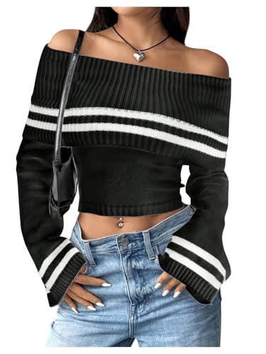 MakeMeChic Women's Off The Shoulder Sweaters Bell Sleeve Tops Cropped Sweater Striped Pullover Trendy