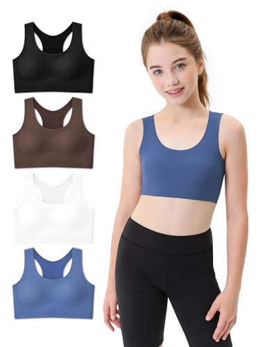 JOCMIC 4 Packs Girls Sports Bra Kids Racerback Training Bras with Sewn in Pads for Tween Black Brown Navy White 10-12 Years