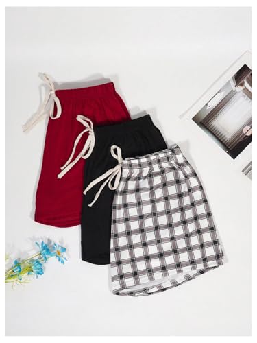 Image of WDIRARA Women's 3 Pack Plaid Letter Graphic Pajama Shorts Lounge Shorts | Elastic Waist ,Comfortable,Home Living,Sleepwear
