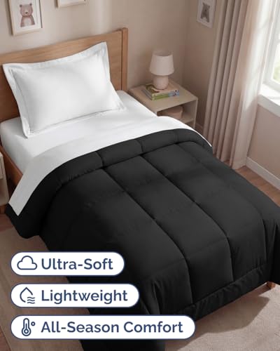 Image of Twin Size, Black Alternative Down Comforter - Warm, Lightweight & Breathable Hotel Quality Bedding Set for Men, Women, Kids and Teens - All Season Oversized Cooling Microfiber Duvet Insert Comforter
