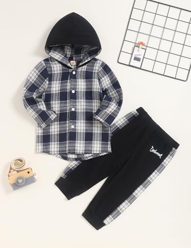 Image of Fuermos Toddler Baby Boys Clothes Flannel Lattice Button Down Hooded Tops +Pants Boys Fall Winter Outfits