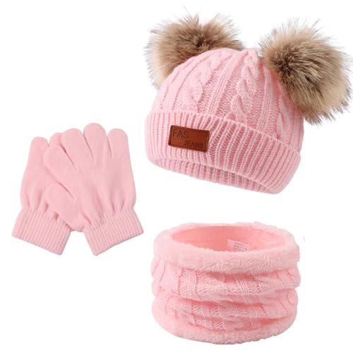 Peecabe Baby Beanie Fall Winter Toddler Knit Hat Scarf Glove Set Pompom Beanie Hat Fleece Neck Warmer