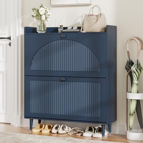 Image of Shoe Storage Cabinet with 2 Flip Drawers, Shoe Organizer Storage with Adjustable Shelves, Freestanding Hidden Slim Narrow Shoe Rack Cabinet for Entryway, Hallway