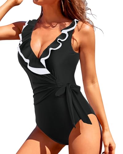 Tempt Me Women Ruffle V Neck One Piece Swimsuits Tummy Control Tie Side Wrap Slimming Bathing Suits