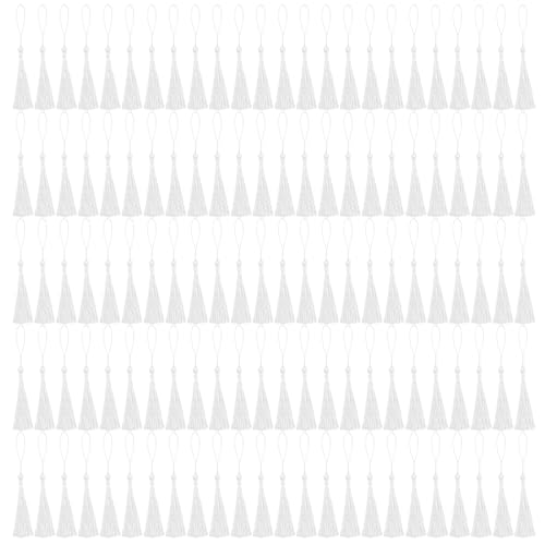 Image of NACHLYNN 120 Pcs Bookmark Tassels Bulk 13cm /5 Inch Silky Handmade Soft Craft Mini Tassels for Jewelry Keychain Making with Loops for Dress Decoration DIY Craft Accessory (White)