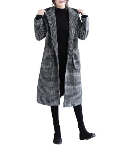 chouyatou Women's Retro Houndstooth Plaid Single Breasted Long Wool Coat with Hood