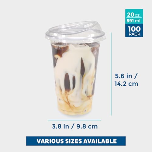 Image of Freshware Clear Plastic Cups with Strawless Sip Lids [100 Cups - 20 oz] Disposable Tumblers for Iced Coffee, Smoothie, Milkshake, Cold Drinks