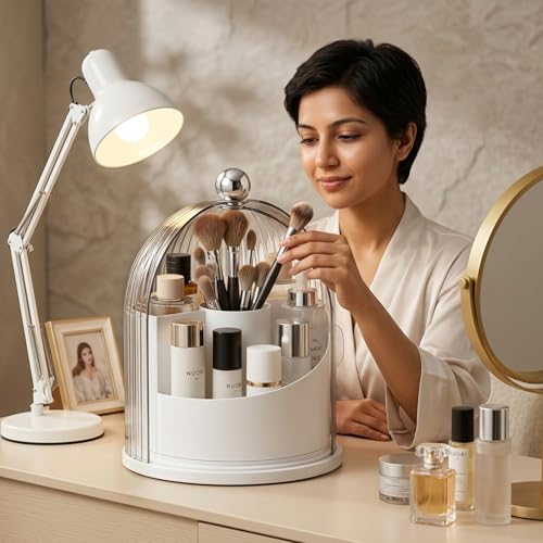 Image of MAYCREATE Rotating Make Up Organiser, Makeup Brush Organiser Holder Cosmetic Makeup Organizer Stand with Clear Dustproof Cover, Multi Compartments Bathroom Vanity Storage Case