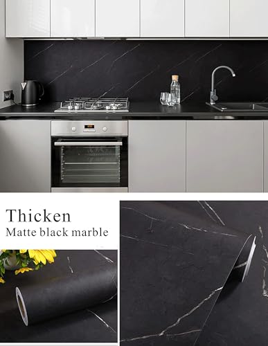 Image of GLUN Marble Wallpaper Furniture Sticker (45 x 100 cm) Kitchen Counter, Cabinet Makeover, Almirah, Plastic & Wooden Tabletop, Wardrobe, PVC DIY Self Adhesive, Beige Decorative Wallpaper (Black, 2)