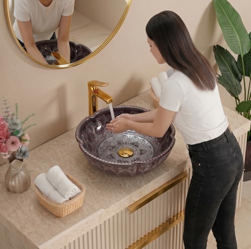 Image of BASSINO 16.5x16.5x5 Inches Designer Moroccan Ceramic Table Top Wash Basin /Matte Maroon Vanity Sink for Bathroom /Handcrafted Countertop Washbasin for Office /Hotel /Bathroom Basin(Matt)