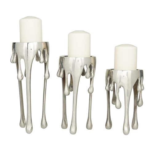 Image of CosmoLiving by Cosmopolitan Aluminum Metal Abstract Decorative Candle Holder Melting Drip Candle Stand, Set of 3 Candlestick Holder 12 inch, 10 inch, 8 inchH, Silver