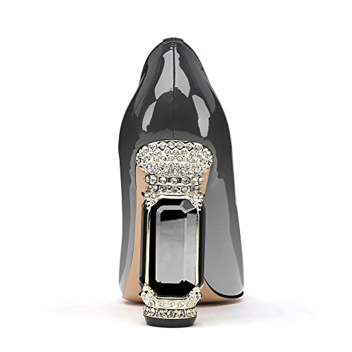 Image of JANSEVEN Women Chunky Heels Pumps Crystal Block Heels with Rhinestones Pointed Toe Sexy Gradient Patent Leather Slip on Bridal Party Wedding Dress Shoes 5-13 M US