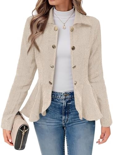 Cicy Bell Elegant Women Blazer Business Work Office Peplum Hem Jacket Open Front Herringbone Coats