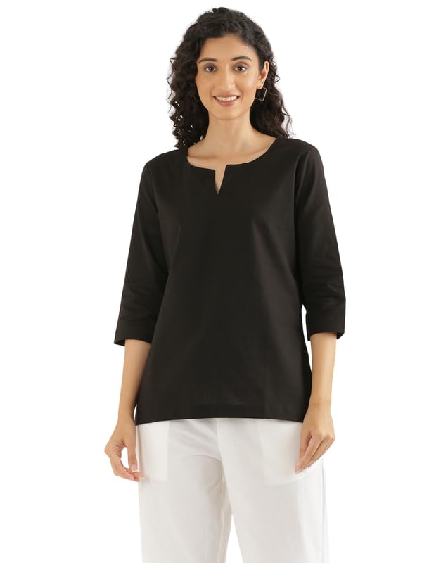 Image of SAADAA Airy Linen Split Neck Short Kurta for Women | Casual & Office Wear | 3 /4 Sleeves, Comfortable Fit | Elegant Top | Lightweight & Breathable Fabric |