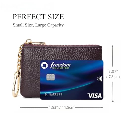 Image of Full Grain Leather Coin Purse with Key Chain - Small Change Purse Keychain Card Holder Keychain Pouch Small Keychain Wallet for Women and Men (Eggplant Purple)