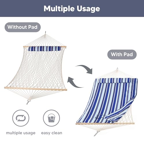 Image of SUNCREAT 2 Person Hammock with Hardwood Spreader Bar, Outdoor Rope Hammock with Polyester Pad, 475 lbs Capacity, Blue Stripes