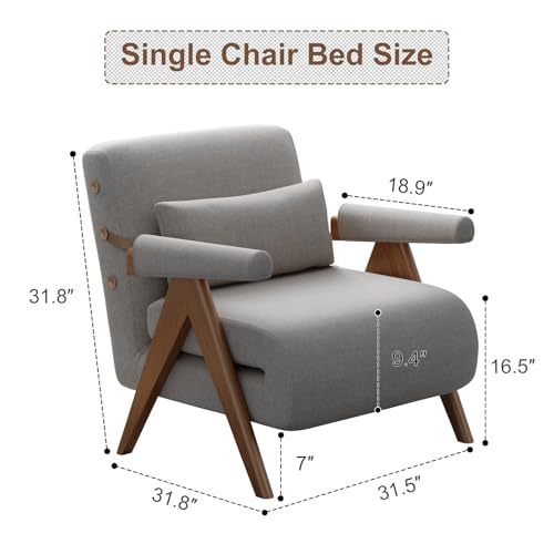 Image of AnywaysWood 32 inch W Convertible Chair Bed - 3 in 1 Sleeper, Adjustable Backrest Futon, Small Space Sofa for Living Room, Bedroom, Home Office, Gray 32Wx 32Dx32L