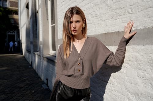 Image of ZAFUL Women V Neck Button Knit Crop Sweaters Batwing Sleeve V Back Ribbed Hem Pullover Sweater