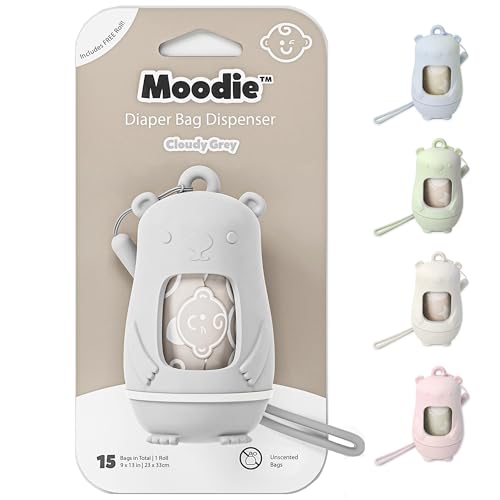 Image of Teddy Bear Diaper Bag Dispenser | Diaper Trash Bags on the Go Dispenser w/Silicon Strap | 15 UNSCENTED Baby Poop Bags per Roll | Dirty Diaper Bags Disposable | Diaper Waste Bags (CLOUDY GREY)