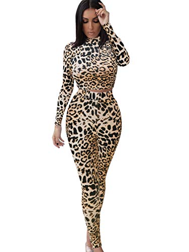Gokatosau KO043-GOLDLEOPARD-M Women'S Sexy 2 Piece Outfits Long Sleeve Crop Top Pants Set Club Jumpsuits Goldleopard thumb #1
