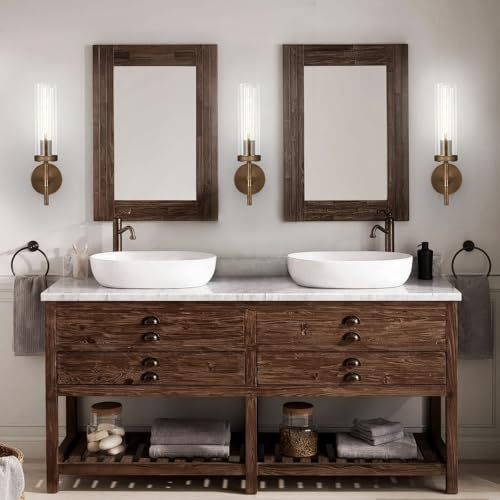 Image of Bronze Wall Sconces Set of Two with White Light, 15'' Brushed Brass Knurled Bathroom Vanity Light with Clear Glass for Living Room Mirror Bedroom Stairs