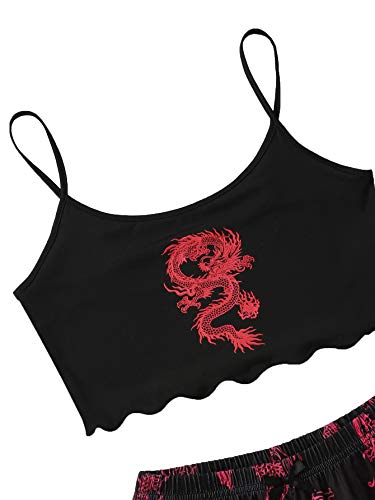 SOLY HUX Women's Cute Cartoon Print Lettuce Trim Cami Top and Shorts Cute Pajama Set Sleepwear Black Dragon S - Image 4