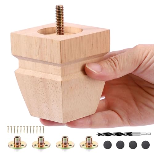 Texphw Unfinished Oak Sofa Legs - Heavy Duty Mid Century Solid Wood Replacement Furniture Legs Set of 4 for Couch, Table, Bench, Bed, Dresser, Chair - with Installation Hardware (Natural 3"H*2.75"W)