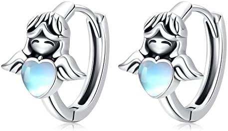 Angel Hoop Earrings for Women 925 Sterling Silver Guarding Angel Hoop Earrings Heart Moonstone Earrings for Women Jewelry Gift Valentine's Day