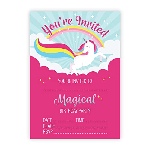 Kirsten McMillan 32 Rainbow Unicorn Birthday Party Invitations with Envelopes - Pack of 32 A6 Kids Invites for Boys and Girls - Designed and Printed in the UK