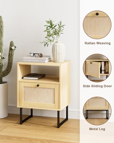 Image of Masupu Rattan Nightstand,Modern Boho Farmhouse Wood Bedside Table with Storage Drawer and Open Shelf,Small Black Frame Side End Table for Bedroom,Living Room,Office (Natural)