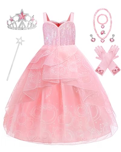 Axwcon Girls Wicked Glinda Dress Costume Pink Tulle Sequin Witch Princess Dresses for Girls Kids Halloween Christmas Cosplay