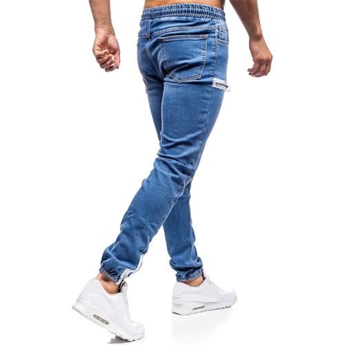 Men's Elastic Waist Drawstring Denim Skinny Fit Ripped Distressed Stretch Fashion Denim Pants Zipper Moto Biker Jeans2