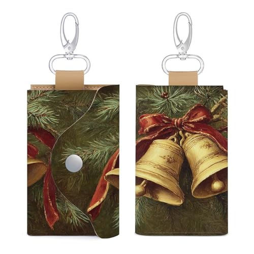 Vintage Two Golden Bells Red Ribbon Key Holder Bag PU Leather ID Card Holder Keychains Case Cover for Men Women3