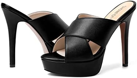 SHOWFOREST Women's Round Toe 5 Inch Matte Open Toe Dating Stiletto High Heel Slip On Fashion Solid Heeled Sandals Black Size 6 - Tacones para Niñas | Image 5