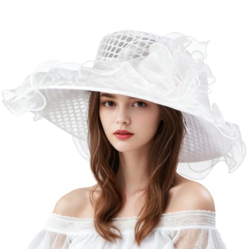 TINAYAUE Chapeau Capeline Femme Élégant, Chapeau de Mariage et Cérémonie en Organza, Large Bord, Protection Solaire, Fleurs Vintage, Fascinators pour Église et Derby