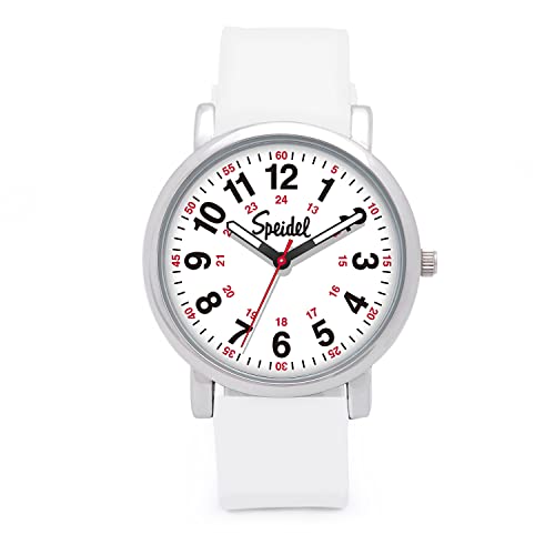 Speidel Original Scrub Watch™ Medical Professionals Students Men Women Unisex Easy Read Dial Military Time Red Second Hand Silicone Band Water Resistant-White