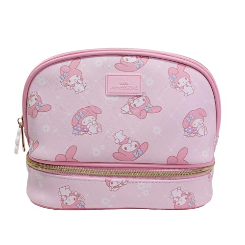 Impressions Vanity My Melody Double Layer Makeup Bag with Top and Bottom Zippered Compartments, My Melody Print Artwork Makeup Organizer with Faux Saffiano Leather, Inner Slip Pocket and Gold Hardware2